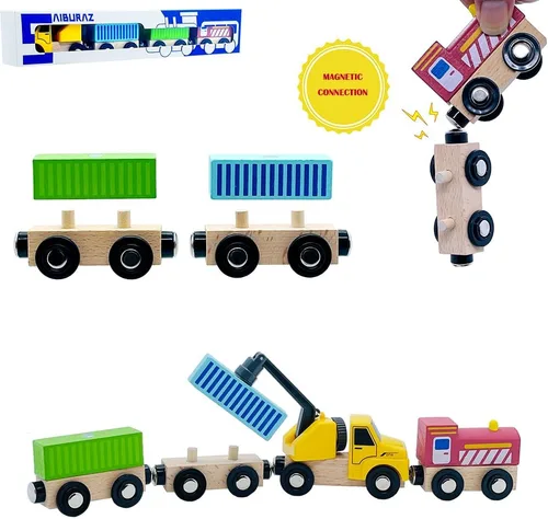 Miniatura 3 de Juego de trenes de madera con grúa, juguetes de tren magnético para pistas de tren de madera, conjuntos de trenes para niños pequeños y niños de 3