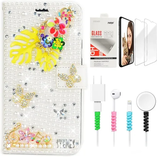 Miniatura 7 de Bling - Funda tipo cartera compatible con Samsung Galaxy S21 Ultra - Elegante - Funda magnética 3D hecha a mano con calavera punk con purpurina Negro