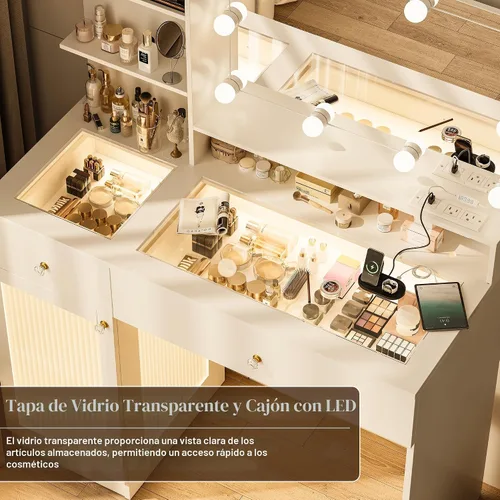 Miniatura 4 de INNOD Escritorio de tocador de 40 pulgadas con espejo grande y luces, moderno juego de tocador de maquillaje con tapa de vidrio con toma