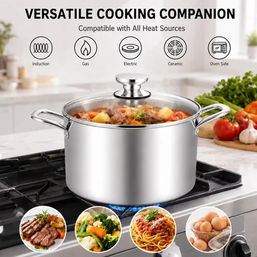 Miniatura 4 de TeamFar Olla de 8 cuartos de galón, olla de cocina de pasta de acero inoxidable de tres capas con tapa de vidrio, para estufas de cerámica de gas