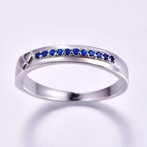Miniatura 50 de Narica Anillo de 21 piedras chapadas en plata, apilables, corte redondo, zafiro azul, circonita cúbica, relleno de circonita cúbica, halo