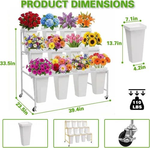 Miniatura 2 de Soporte de exhibición de flores de metal de 3 niveles, carrito móvil resistente para plantas de flores con 12 cubos y ruedas con bloqueo, estante