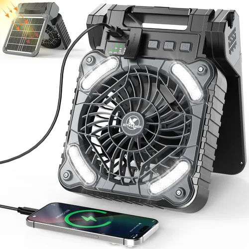 Miniatura 8 de KITWLEMEN Ventilador solar de campamento mejorado con linterna, ventilador de batería recargable, tiempo de funcionamiento máximo de 36 horas, 4
