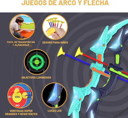 Miniatura 3 de Kmuxilal Paquete de 2 Arcos y Flechas para Niños con Luces LED Intermitentes, 14 Flechas con Ventosa y Diana de Pie Fluorescente - Juego de Tiro
