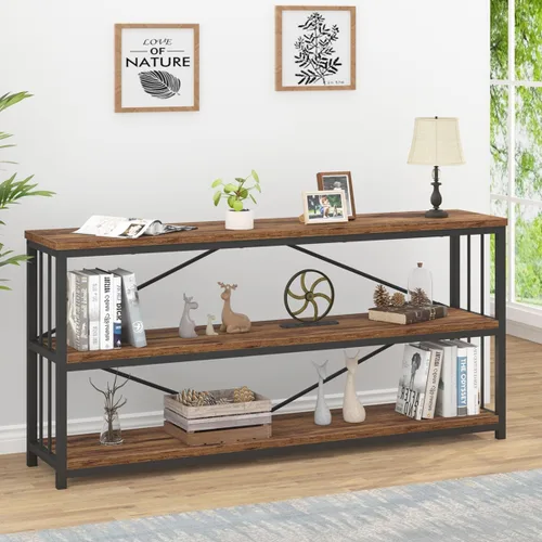 Miniatura 8 de IBF - Librero bajo rústico de 3 niveles, estantería industrial horizontal de madera, estantería larga y ancha de estilo granja de metal, estantería