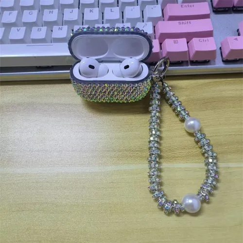 Miniatura 5 de Funda con diseño de diamantes de imitación brillantes con láser para AirPods Pro 2 con pulsera, bonita funda para auriculares con purpurina