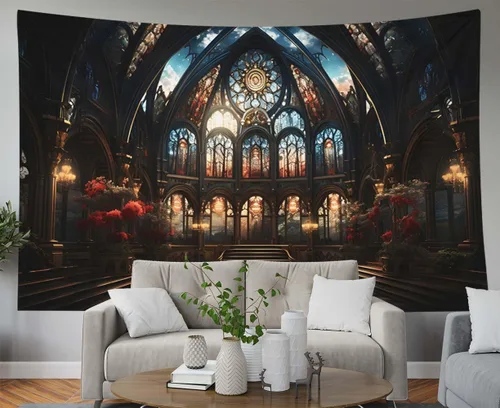 Miniatura 23 de EMMTEEY Tapiz de pared con bosque - Árbol de pino verde y niebla, arte de pared natural, 80x60 pulgadas, tapiz grande de estilo bohemio para sala