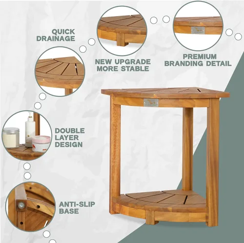Miniatura 5 de VICTORY RELAX Estante esquinero de madera de acacia para ducha interior, banco de ducha impermeable y reposapiés para afeitarse las piernas, asiento