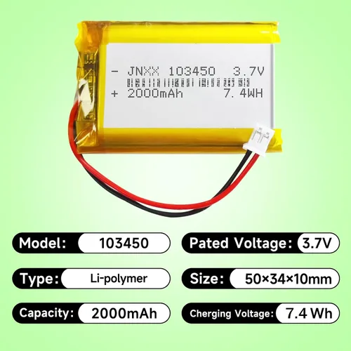 Miniatura 2 de 103450 Batería 3.7V 2000mAh 7.4wh Lipo Batería recargable con 2 cables JST 0.079 in Conector para altavoz y dispositivo inalámbrico (paquete de 1)