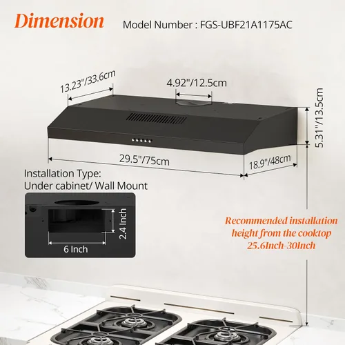 Miniatura 6 de FIREGAS Campana de Ventilación Negra de 30 Pulgadas para Debajo del Gabinete, Campana de Cocina Convertible con y sin Conductos, 300 CFM, Ventilador
