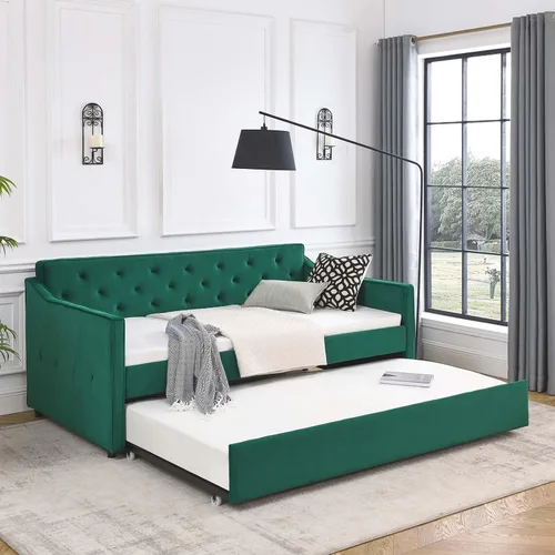 Miniatura 12 de Antetek Sofá cama con cama nido, tapizado en tela, tamaño twin, sofá cama diurno con punto de tracción, marco de sofá cama con cama nido twin