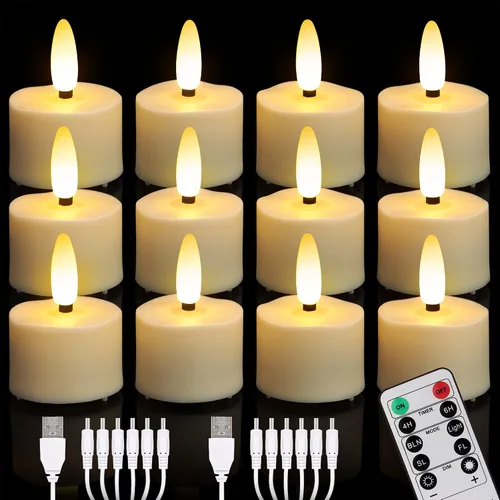 Daord Velas de té 3D recargables por USB, sin llama, parpadeantes, funciona con pilas, con control remoto y temporizador, luces LED realistas para