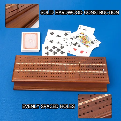 Miniatura 3 de GSE Games & Sports Expert Caja de juego de mesa de Cribbage de madera de 2 pistas con naipes, clavijas de metal y cajón de almacenamiento, tablero