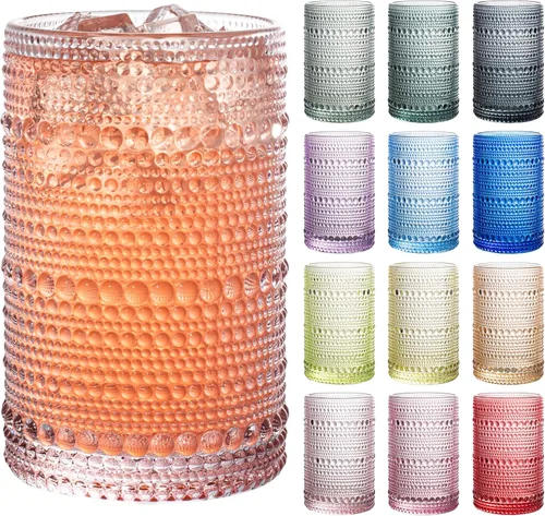 Bandesun Juego de 12 vasos vintage de hobnail para beber, 13 onzas, vasos de vidrio de burbujas con cuentas coloridas para cocina, vaso de agua en