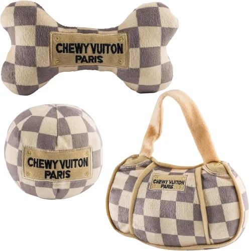 Miniatura 12 de Haute Diggity Dog Black Checker Chewy Vuiton Bone, Juguetes de Peluche de Diseñador para Perros con Chirriador Interactivo, Estimulante Hueso