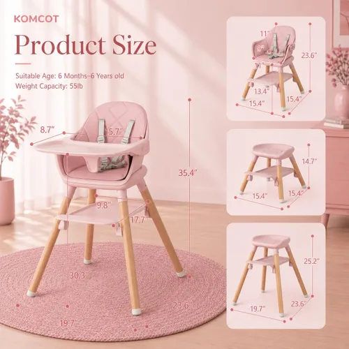 Miniatura 3 de Silla alta para bebé, sillas altas convertibles de madera 6 en 1 para niños pequeños, asiento elevador con doble bandeja y reposapiés reversible