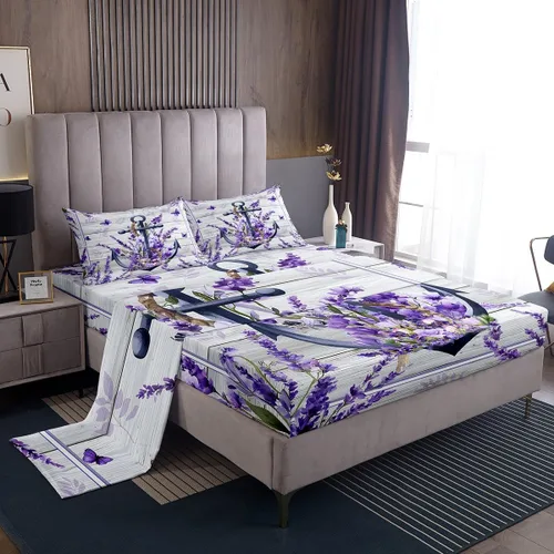 Miniatura 3 de Anchor Nautical - Juego de sábanas románticas para niños, tamaño individual, diseño de mariposas y lavanda morado, decoración de habitación de niños