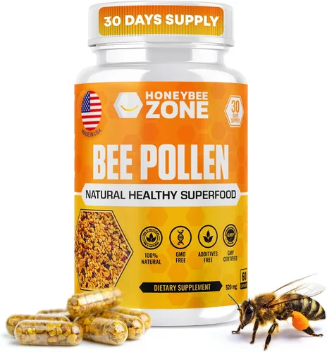 HONEYBEEZONE Gránulos de polen de abeja 100% crudo en 60 cápsulas vegetales - Alto en complejo B esencial para el metabolismo y la energía - Sin