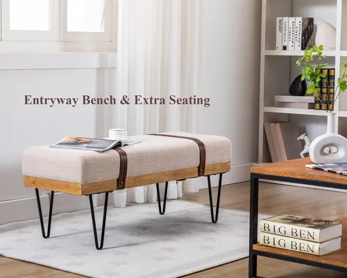Miniatura 8 de DUOMAY Banco otomano rectangular de lino moderno industrial con correa de poliuretano y patas de metal, mesa de comedor de mediados de siglo, Beige