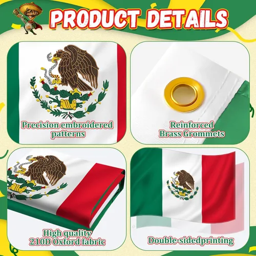 Miniatura 3 de Bandera mexicana de 3 x 5 pies para exteriores, tela Oxford 210D resistente, bandera de México Bandera de México bordada de águila, serpiente
