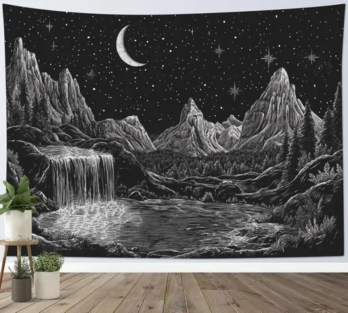 HVEST Tapiz de montaña blanco y negro para colgar en la pared, diseño de luna psicodélica, galaxia, espacio, árbol, bosque, naturaleza, paisaje,