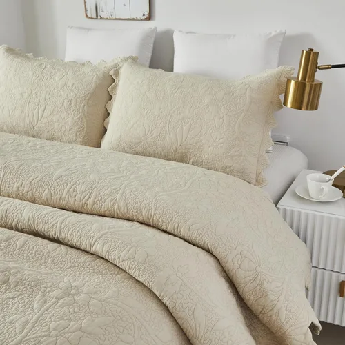 Miniatura 4 de Brandream Queen Size Quilt Set Cotton Beige Quilts Luxury Farmhouse Bedding Set Matelasse Coverlet Scalloped Quilt Set 3-Piece