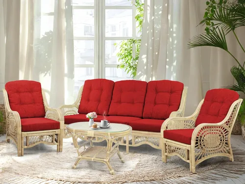Miniatura 26 de Malibu Lounge Juego de 4: 2 sillas de mimbre de ratán natural, sofá de tres plazas con cojines marrón claro y mesa de centro con vidrio hecho a