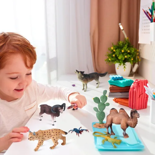 Miniatura 5 de MiniInflat Juego de 25 figuras de animales del desierto para proyectos escolares, juguetes de diorama del desierto para niños con cactus de camello