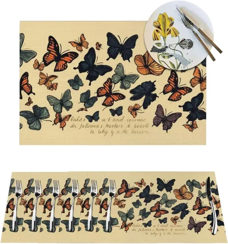 6 PCS PVC Placemats Set Place Mats Butterflies Flying Non-Slip Weave Place Mats 12" x 18" Farmhouse Table Mat Set for Family Dinners Wedding Parties