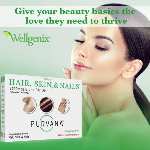 Miniatura 2 de Wellgenix Purvana Suplemento para la piel y las uñas – 2500 mcg de biotina cápsulas blandas con MSM y complejo B – Soporte diario de belleza