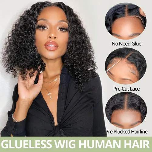 Miniatura 4 de Pelucas de cabello humano sin pegamento predepiladas precortadas Bob rizado corto con encaje frontal para mujeres negras, cierre de encaje 4x4