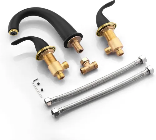 Miniatura 7 de SUMERAIN Grifo de bañera romana de dos manijas de amplio alcance con válvula, acabado en negro y dorado