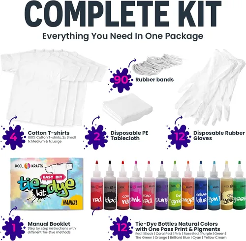 Miniatura 2 de KOOL KRAFTS Kit de teñido anudado, todo incluido con 12 colores vibrantes, + 4 camisetas blancas, perfecto para niños y adultos, divertidos