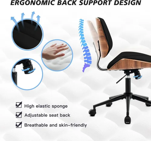 Miniatura 3 de Silla de escritorio sin brazos con ruedas giratorias de 360°, silla de computadora ergonómica de altura ajustable para oficina en casa, piel Negro