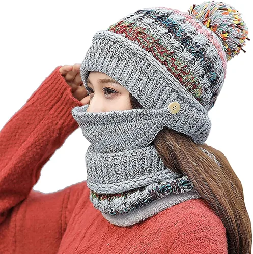 Gorro de invierno para mujer con forro polar y solapas para las orejas con pompón bufanda y máscara cálido suave y holgado