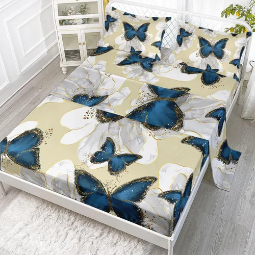 Juego de sábanas de mariposa de 4 piezas para niños, juego de sábanas con estampado de flores blancas de Phnom Penh azul con 1 sábana encimera y 1