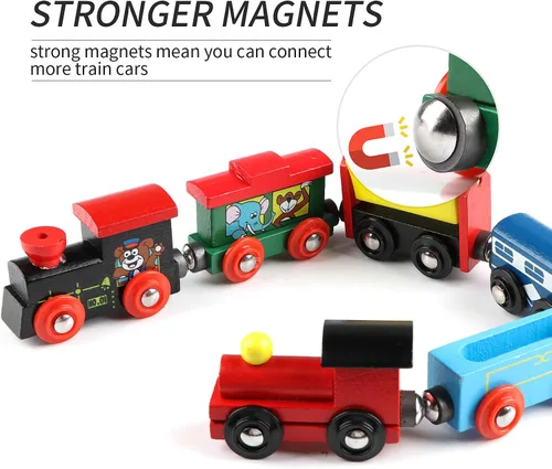 Miniatura 5 de Juego magnético de 12 piezas de tren de madera, incluye 3 motores y bolsa de almacenamiento, juegos de trenes de juguete para niños y niñas