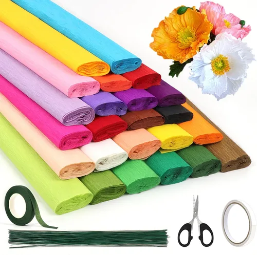 Miniatura 8 de Rollos de papel crepé de 14 colores, hojas de papel crepé de 9.8 x 98 pulgadas de ancho con 100 piezas de alambre de hierro floral verde, banda