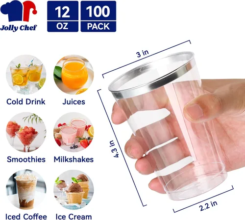 Miniatura 3 de JOLLY CHEF Paquete de 100 vasos desechables de plástico plateado, vasos tipo tumbler de plástico transparente de 12 onzas, elegantes vasos