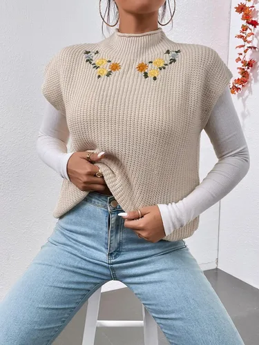 Miniatura 3 de Floerns Chaleco de suéter con cuello alto bordado floral para mujer
