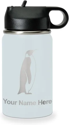 Miniatura 65 de LaserGram Botella de agua personalizada, pingüino, acero inoxidable de doble pared aislada al vacío con popote superior, regalo grabado