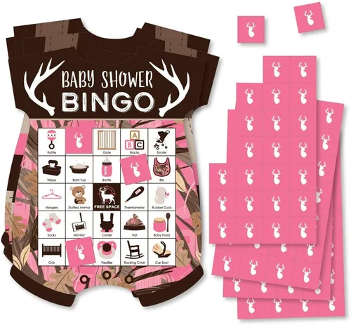 Big Dot of Happiness Pink Gone Hunting - Juego de 18 tarjetas y marcadores de bingo con forma de camuflaje para baby shower