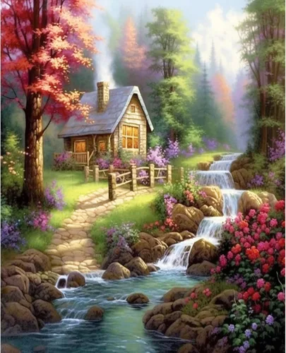 Miniatura 19 de Tucocoo Kit de pintura de flores para casa por números con pinceles y pigmento acrílico sobre lienzo para adultos, paisajes de bosques arroyos