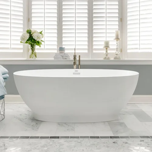 FerdY Koh Samui Bañera Independiente Acrílica de 65", Bañera de Remojo Ovalada Contemporánea, Blanco Brillante, Certificada cUPC, Desagüe Cromado