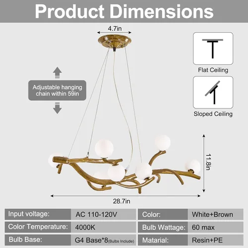 Miniatura 7 de Lámpara de Araña Moderna de Techo de 28.7 pulgadas, Lámpara de Araña Sputnik de 8 Luces de Resina de Mediados de Siglo sobre Mesa, Candelabros
