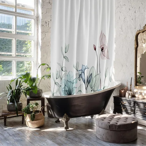 Miniatura 6 de JOYMIN Juego de cortinas de ducha de tela floral con 12 ganchos, cortina de baño de acuarela, accesorios decorativos modernos para baño, flores