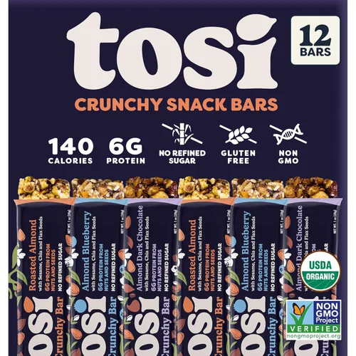 Miniatura 8 de Tosi Combo de barras de proteína de almendra y anacardo, a base de plantas con nueces, aperitivos crujientes sin gluten, veganas, orgánicas