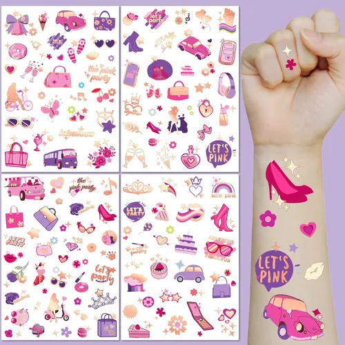 Miniatura 3 de Tatuajes Temporales Impermeables - 128 piezas de Tatuajes Falsos Groovy para Fiestas de Cumpleaños de Niñas, Princesas, Bolso Arcoíris, Zapatos