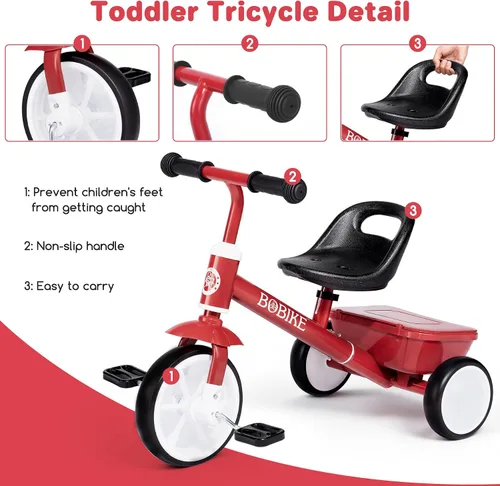 Miniatura 5 de Bobike Triciclo para niños de 2 a 5 años, triciclo con 2 ruedas de luz LED, bicicleta para niños pequeños con asiento de 3 posiciones y canasta Negro