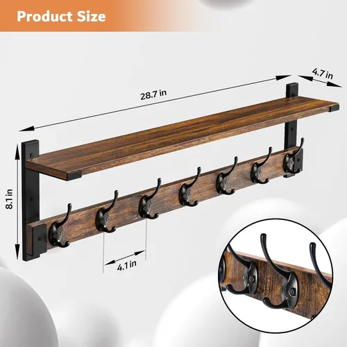 Miniatura 2 de Oraich - Ganchos de pared con estante, perchero de pared de 73 cm con gancho para colgar abrigos, mochilas, llaves y ropa, estante flotante de pared